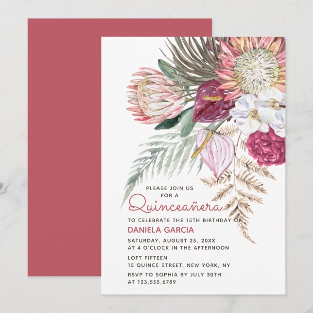 Protea Watercolor Floral Bouquet Quinceañera Einladung (Vorne/Hinten)