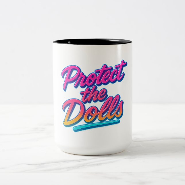 Protect the Dolls Neon Retro Art Zweifarbige Tasse (Mittel)