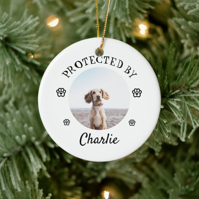 Protected By Dog Photo Paw Print Design Keramik Ornament (Baum)