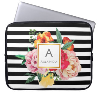 Protection Pour Ordinateur Portable Bandes noires et blanches Aquarelle Peony Fleurs