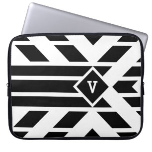 Protection Pour Ordinateur Portable Bandes quadrilatérales noires sur blanc avec monog