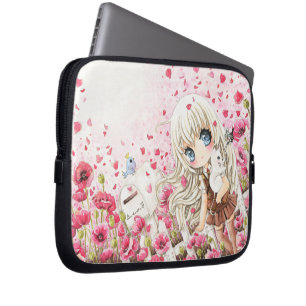 Protection Pour Ordinateur Portable Belle fille sur le gisement de fleurs rose