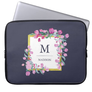 Protection Pour Ordinateur Portable Bleu de minuit avec fleurs de bougainvilliers rose