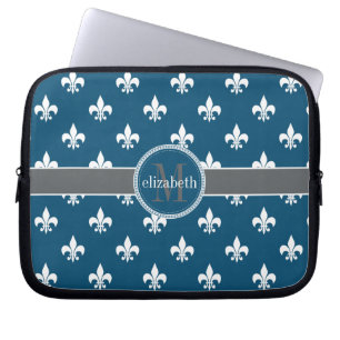 Protection Pour Ordinateur Portable Bleu Gris Blanc Fleur de Lis Monogramme