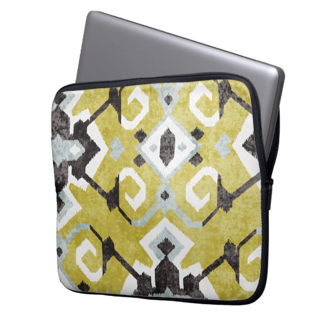 Protection Pour Ordinateur Portable Boho chic noir et jaune ikat motif tribal (devant gauche)