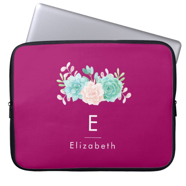 Protection Pour Ordinateur Portable Bouquet de fleurs rose et vert Pastel sur Magenta  (Devant)