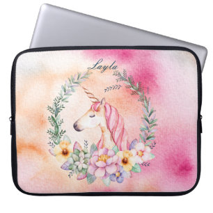 Protection Pour Ordinateur Portable Cas floral de licorne d'aquarelle avec le nom