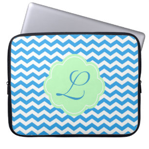 Protection Pour Ordinateur Portable chevron bleu, forme vert clair, monogramme