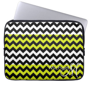 Protection Pour Ordinateur Portable Chevron Zigzag Monogramme Personnalisé Vert et Bla
