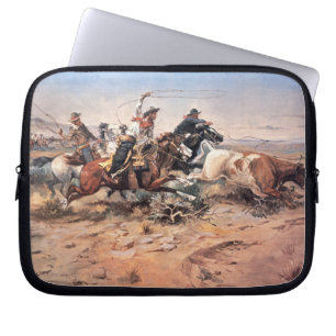 Protection Pour Ordinateur Portable Cowboys roping un boeuf, 1897 (huile sur la toile)