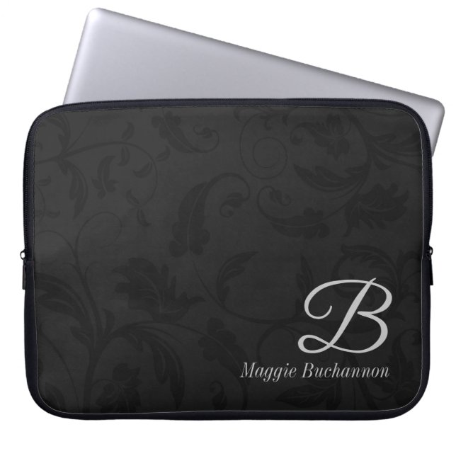 Protection Pour Ordinateur Portable Damas noir monogramme de 15 po (Devant)