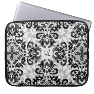 Protection Pour Ordinateur Portable Décor victorien noir et gris damassé 15 pouces