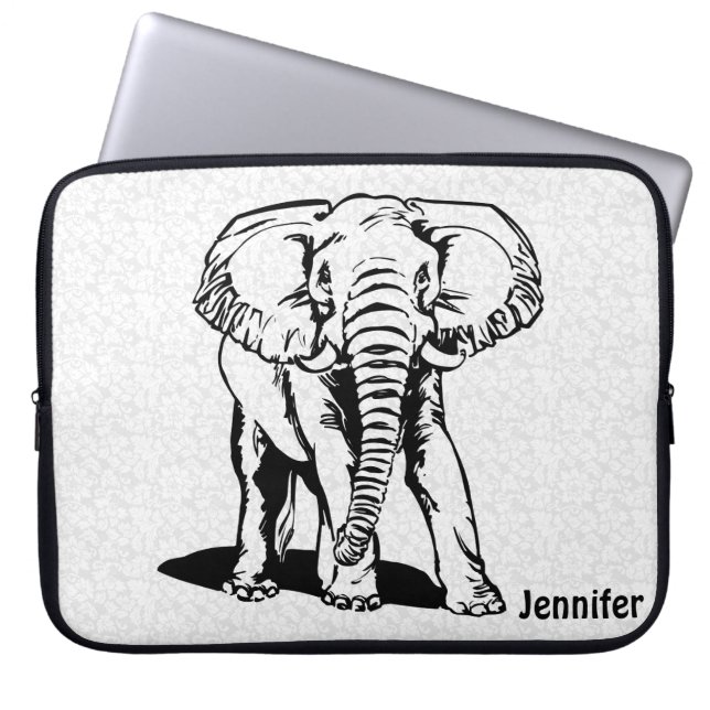 Protection Pour Ordinateur Portable Dessin de ligne d'éléphant noir mignon monogramme (Devant)