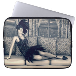 Protection Pour Ordinateur Portable Femme Flapper Art Déco Bleu Art Vintage