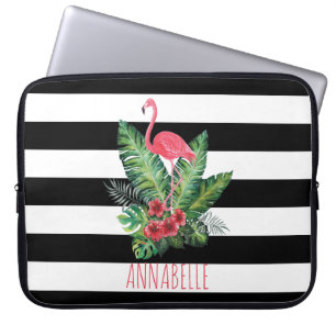 Protection Pour Ordinateur Portable Flamant rose d'aquarelle tropicale et bandes de fl