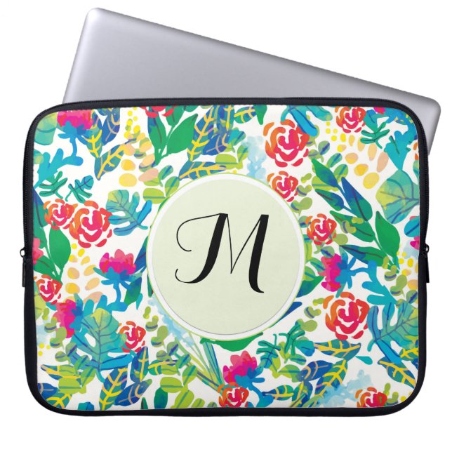 Protection Pour Ordinateur Portable Fleurs d'aquarelle de la jungle Floral Fine Monogr (Devant)