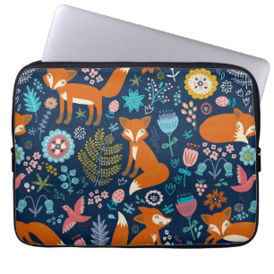 Protection Pour Ordinateur Portable Fleurs et renards colorés Motif rétro