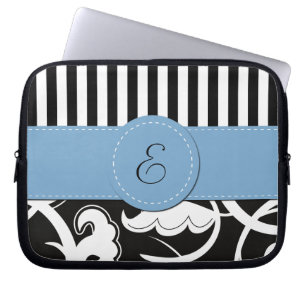 Protection Pour Ordinateur Portable Français Damas, Grilles, Noir et Blanc, Monogramme