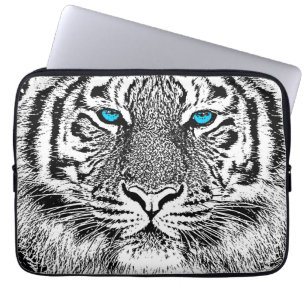 Protection Pour Ordinateur Portable Graphique noir et blanc de tigre d'yeux bleus