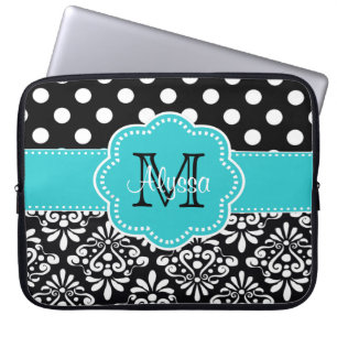 Protection Pour Ordinateur Portable Le noir turquoise pointille la caisse d'ordinateur