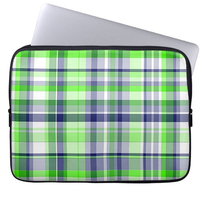 Protection Pour Ordinateur Portable Lime Green, Navy Blue, White Preppy Madras Plaid (Devant)