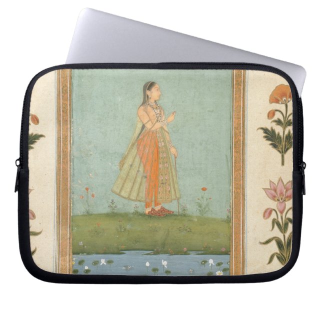 Protection Pour Ordinateur Portable Madame tenant une fleur, se tenant prêt un étang (Devant)