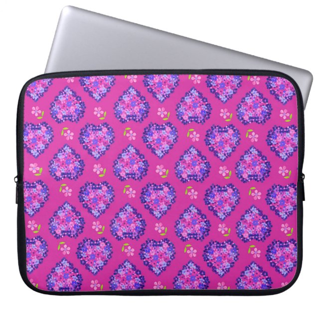 Protection Pour Ordinateur Portable Manches, Coeurs et Fleurs sur Magenta (Devant)