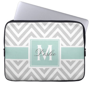 PROTECTION POUR ORDINATEUR PORTABLE MINT GREEN, GRAY CHEVRON PATTERN