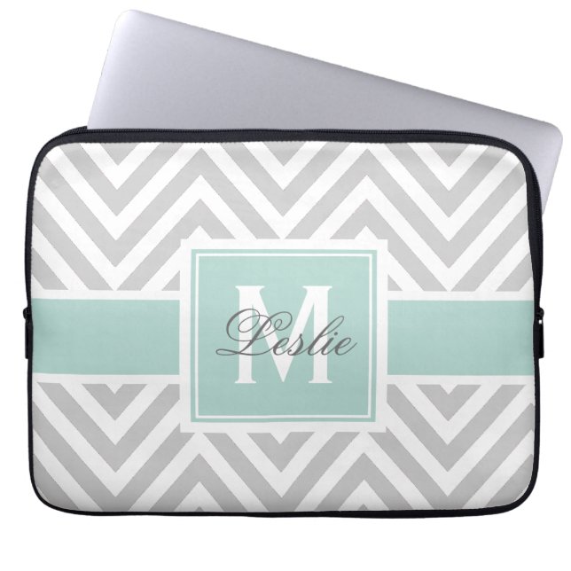 PROTECTION POUR ORDINATEUR PORTABLE MINT GREEN, GRAY CHEVRON PATTERN (Devant)