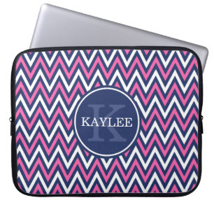 Protection Pour Ordinateur Portable Moderne Hot Rose Marine Bleu Chevron & Monogramme