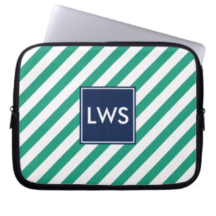 Protection Pour Ordinateur Portable Monogramme à rayures marines vertes