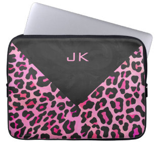 Protection Pour Ordinateur Portable Monogramme Leopard noir et rose chaud