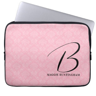 Protection Pour Ordinateur Portable Monogramme noir sur Damas rose