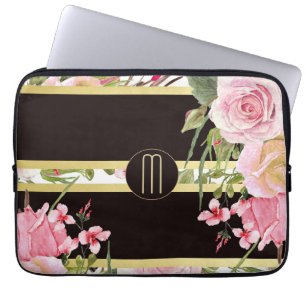 Protection Pour Ordinateur Portable Monogramme rose de motif de rayure de roses