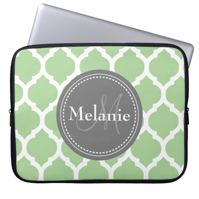 Protection Pour Ordinateur Portable Monogramme Sage Green & Grey Quatrefoil (Devant)