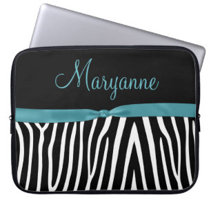Protection Pour Ordinateur Portable Monogramme turquoise de ruban de zèbre noir