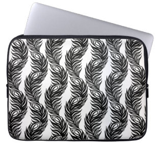 Protection Pour Ordinateur Portable Motif de plumes Peacock abstrait noir et blanc