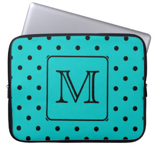 Protection Pour Ordinateur Portable Motif de point turquoise et noir de polka.