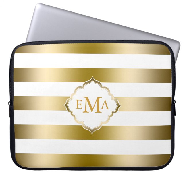 Protection Pour Ordinateur Portable Motif de tons or et de bandes blanches monogrammes (Devant)