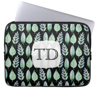 Protection Pour Ordinateur Portable Motif Feuille Monogram Black & Mint Watercolor