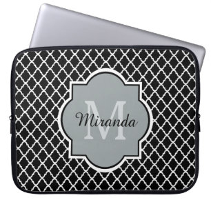 Protection Pour Ordinateur Portable Nom décoré d'un monogramme noir et blanc moderne