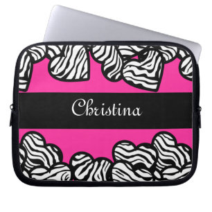 Protection Pour Ordinateur Portable Nom du coeur du motif zèbre rose chaud et blanc