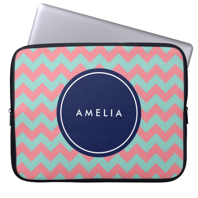Protection Pour Ordinateur Portable Nom personnalisé Monogramme bleu clair et rose (Devant)