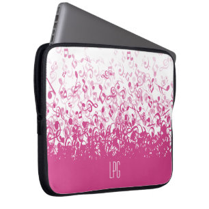 Protection Pour Ordinateur Portable Notes musicales de pluie de monogramme Fuchsia ros