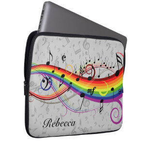 Protection Pour Ordinateur Portable Notes musicales noires d'arc-en-ciel sur le gris