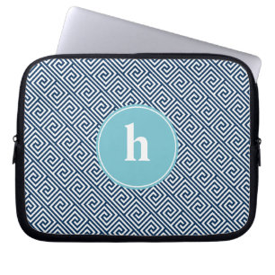 Protection Pour Ordinateur Portable Nuances de bleu grec Motif clé Monogramme