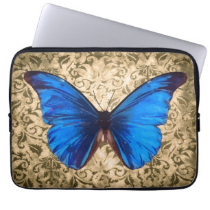 Protection Pour Ordinateur Portable Papillon monarque bleu art damassé vintage
