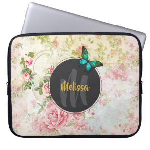 Protection Pour Ordinateur Portable Papillon vert sur chic Vintage monogramme collage