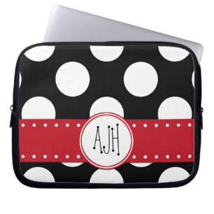 Protection Pour Ordinateur Portable Pois noirs et blancs, pointillés, Monogramme