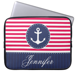 Protection Pour Ordinateur Portable Preppy Red Navy Ancre nautique Nom personnalisé